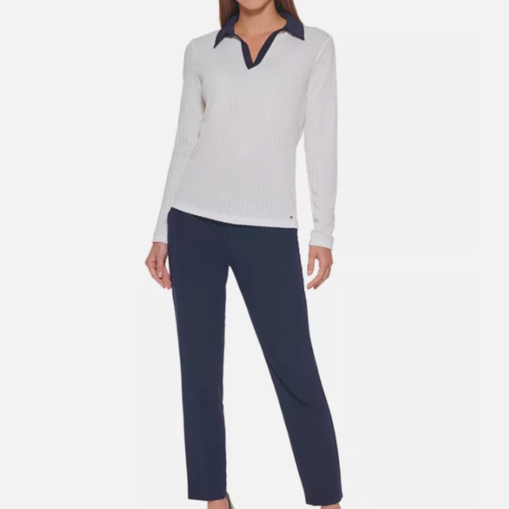 Tommy Hilfiger Women's White Long Sleeve Top with Navy Collar